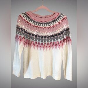 Talbots Icicle Fair Isle‎ Cream Pink Bow Sequin Sweater Size S NWOT
